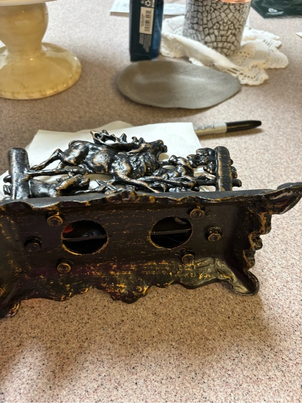 Vintage Metal Envelope Holder with the Hunt Scene,antique Brass finish.